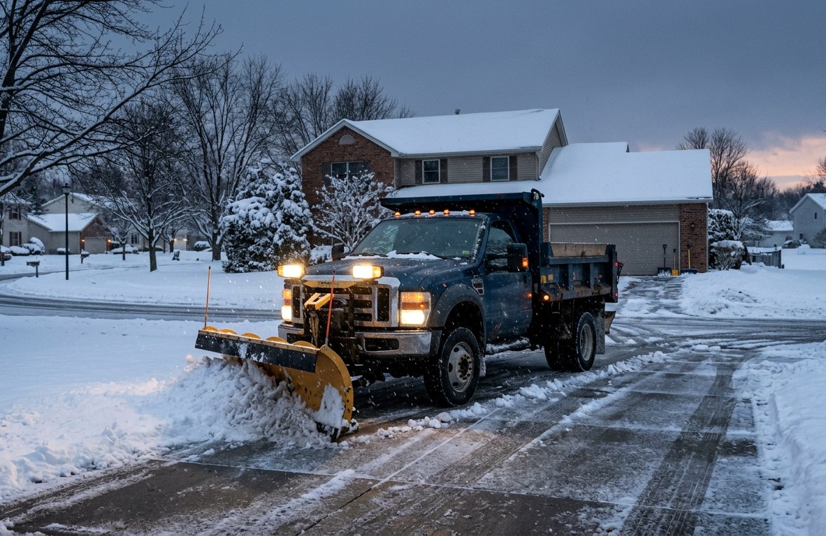 Snow plow truck clearing a residential driveway in Webster, New York during a winter storm
