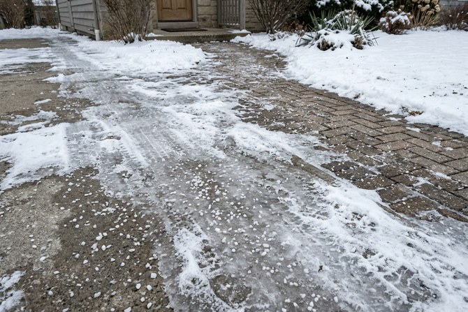 Close-up of ice forming on a driveway and walkway in winter