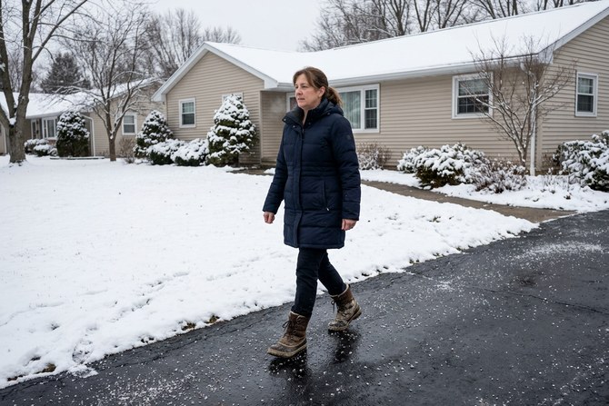 Homeowner walking on a clear, salted walkway beside a snow-covered lawn