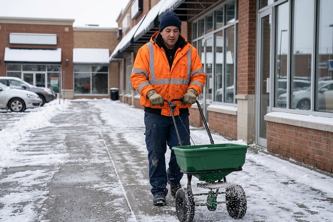 Snow removal crew member in a high-visibility jacket salting a commercial walkway