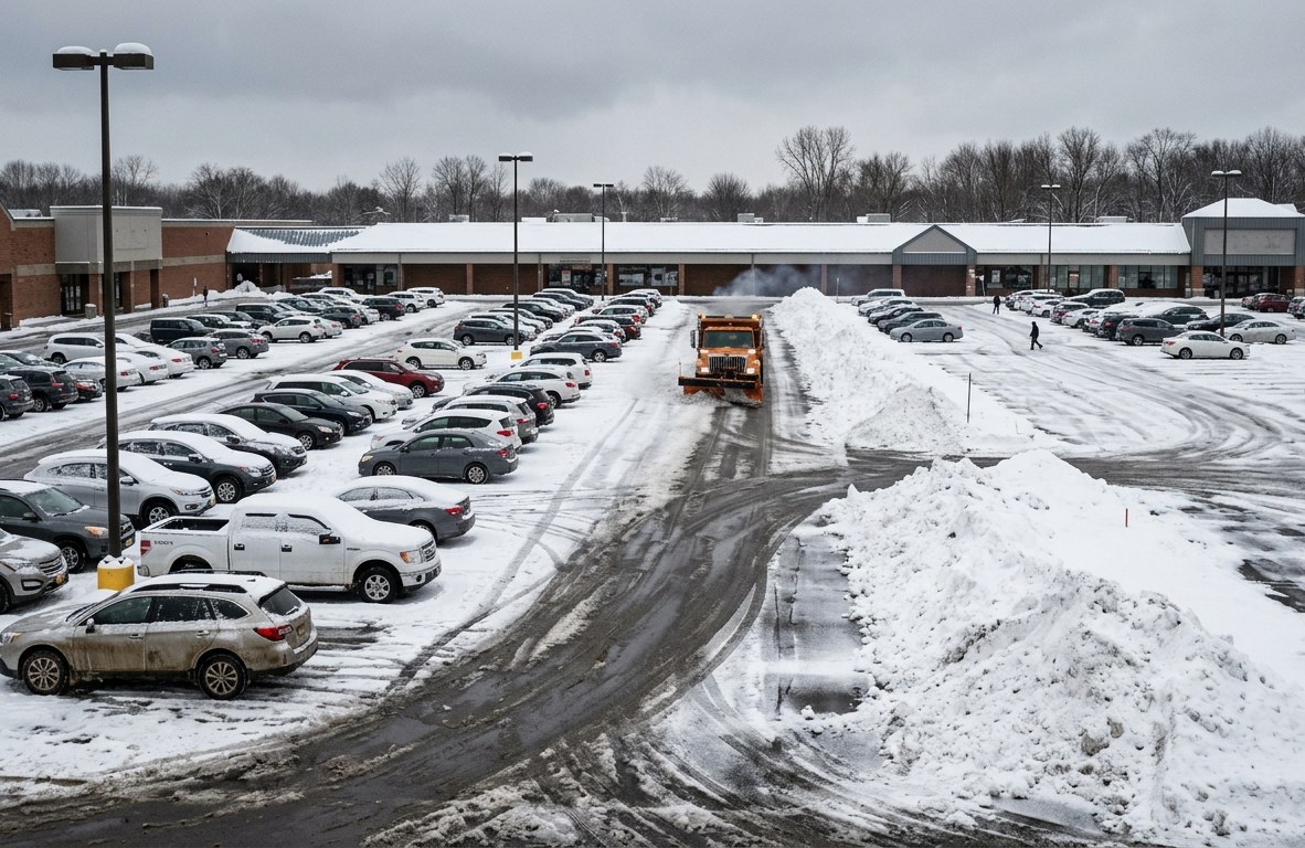 Wide view of a snow-covered commercial parking lot in Webster, New York after a storm