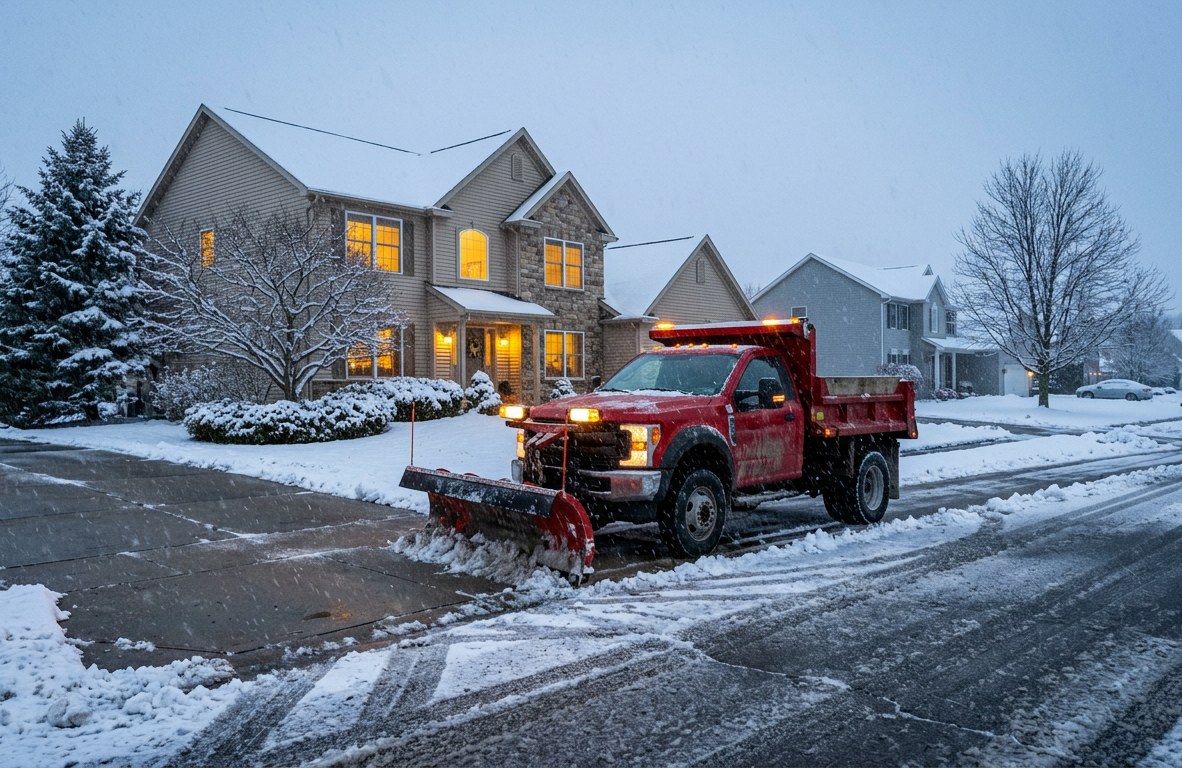 Plow truck clearing a residential driveway in Webster, New York at dawn