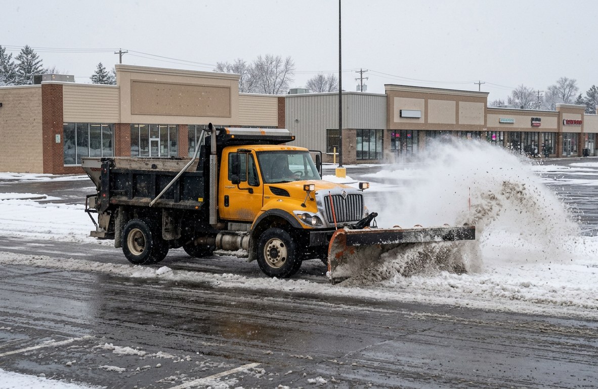 Commercial snow plow clearing a parking lot in Webster, New York during a storm