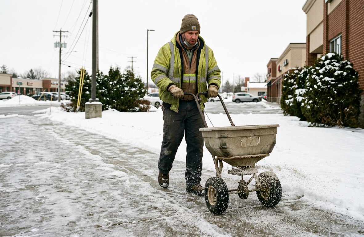 Crew member spreading salt on an icy commercial walkway in Webster, New York