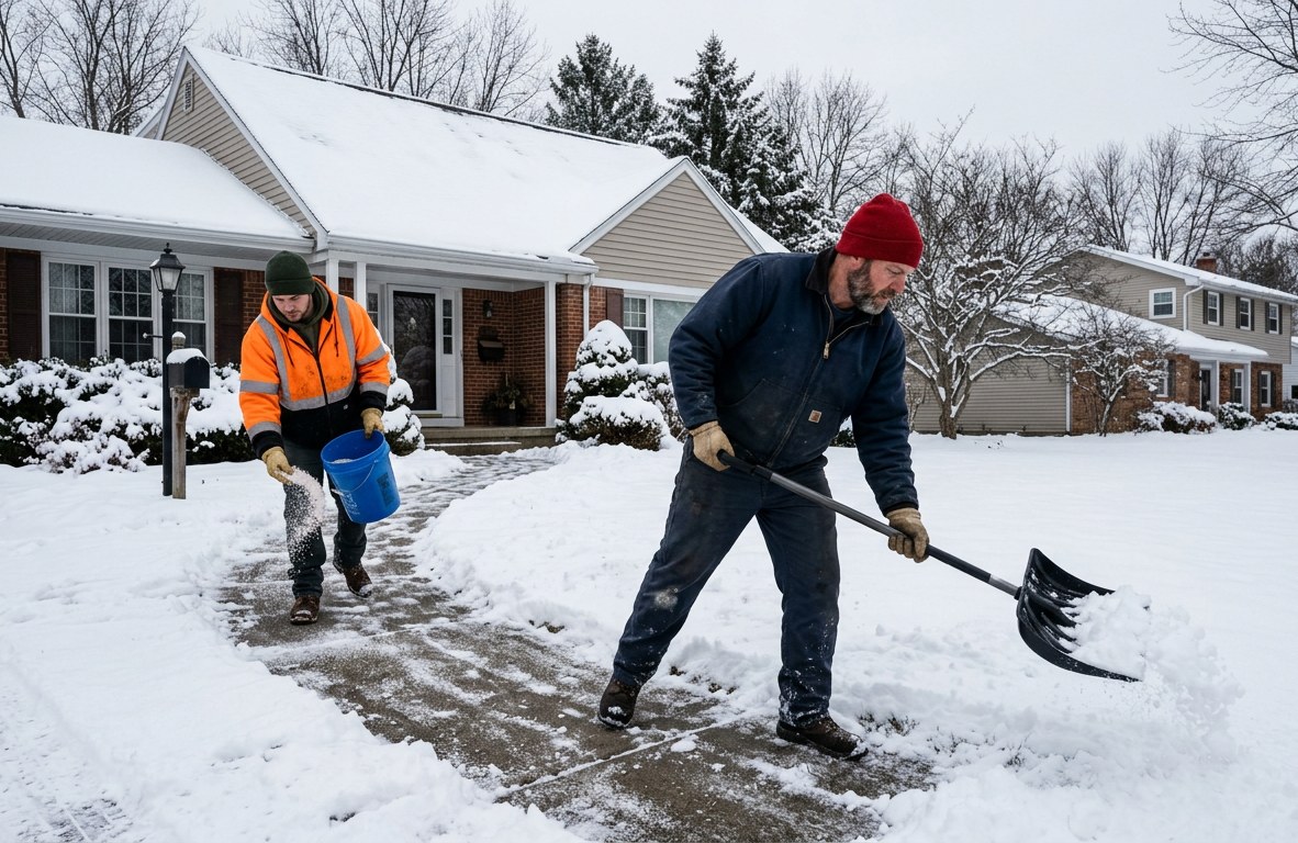 Worker shoveling a residential walkway in Webster, New York while another applies salt