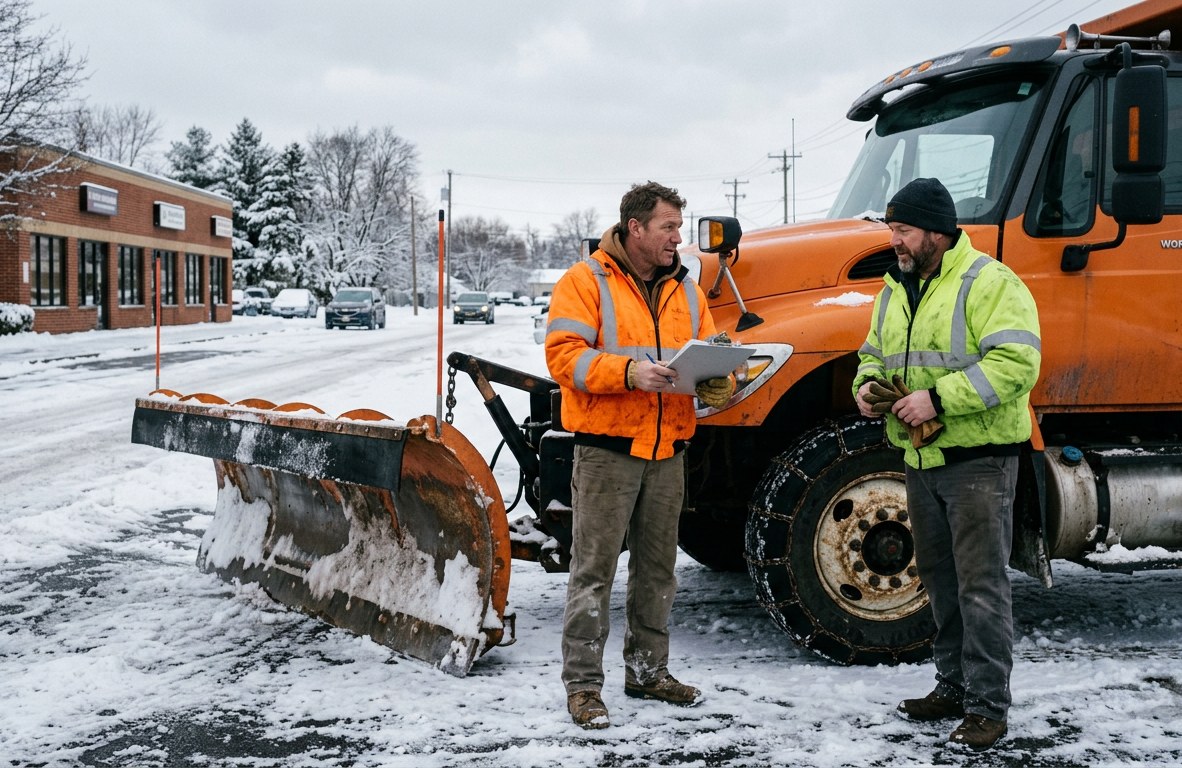 Two snow removal crew members in high-visibility jackets beside a plow truck in Webster, New York