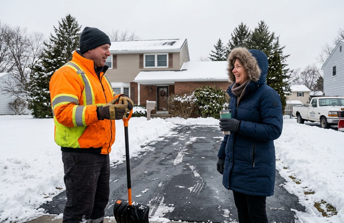Snow removal crew member talking with a homeowner beside a cleared driveway in Webster, New York